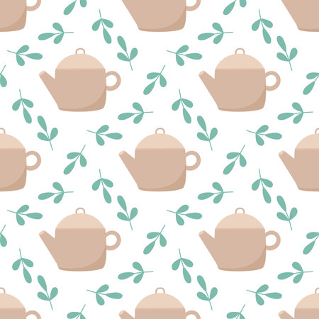 Teapots and tea leaves seamless pattern. Tea party background. Tea green leaves and teapot print for textile, paper, packaging and design, vector illustrationのイラスト素材