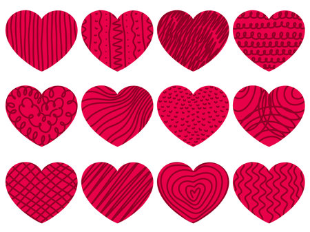 Hearts hand drawn grunge set. Collection of textured hearts for Valentines Day or wedding. Simple shape of romantic elements, clip art vector illustrationのイラスト素材