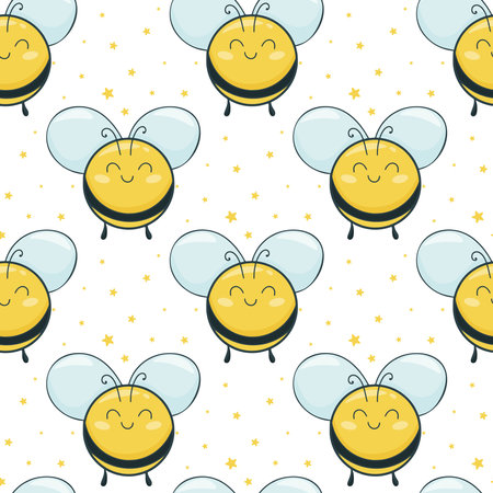 Cute bees seamless pattern vector illustration. Background with cute bee characters and stars. Baby print for textiles, paper, packaging, fabric and designのイラスト素材
