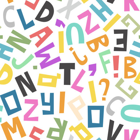English alphabet random cut out letters seamless pattern. Background of simple multicolored simple letters of newspaper print or magazine. Capital letters print for textile, paper and design, vector illustrationのイラスト素材