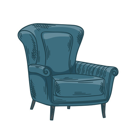 Vintage blue armchair, furniture for home interior. Soft chair in retro style, isolated vector illustration. Rare piece of furniture for living roomのイラスト素材