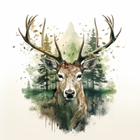 Illustration of forest deer against background of pine forest and mountains. Mystical majestic animal with horns. Forest reindeer headの素材