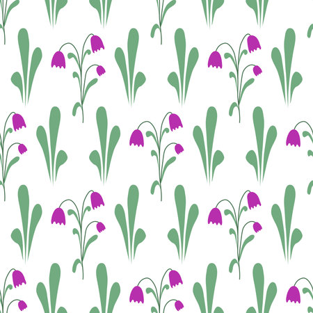 Spring primroses bells seamless pattern. Floral background with hand drawn simple crocuses and herbs. Botanical rustic print for textile, paper, spring and summer design, vector illustrationのイラスト素材