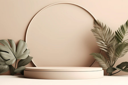 Delicate beige background with pedestal for product presentation. Round stand for cosmetics or goods in pastel colors. Template with platform and tropical leavesの素材