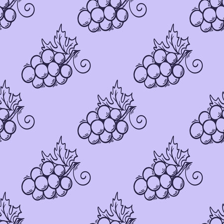 Bunches of purple grapes seamless pattern. Grape harvest background. Vineyard sketch print for textile, packaging, design, vector illustrationのイラスト素材