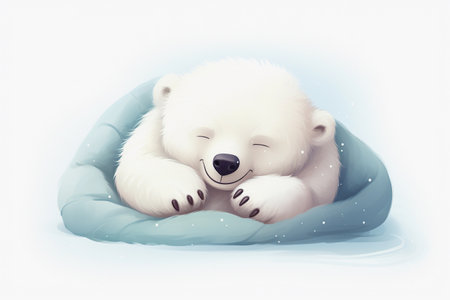 Illustration of cute teddy bear sleeping on pillow. Baby character white fluffy bear. Children's illustrationの素材