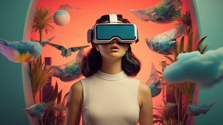 Girl wearing virtual reality glasses is immersed in world of dreams. Using future technologies for entertainment. Modern device for complete immersion in games and moviesの素材