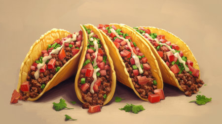 Taco is a traditional Mexican dish. Corn tortilla stuffed with meat and vegetables. Hot spicy snack, fast street foodの素材