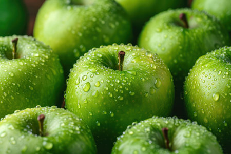 Juicy green apples closeup background. Apples with water drops template. Healthy organic food,の素材