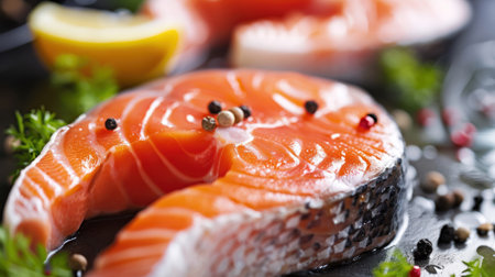 Fresh cut red fish, prepared for cooking. Salmon steaks close-up. Sea trout, healthy eating, Mediterranean cuisineの素材