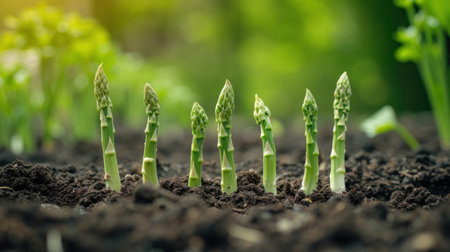 Young asparagus pods grow from the ground. Green sprouts, agriculture. Healthy organic foodの素材