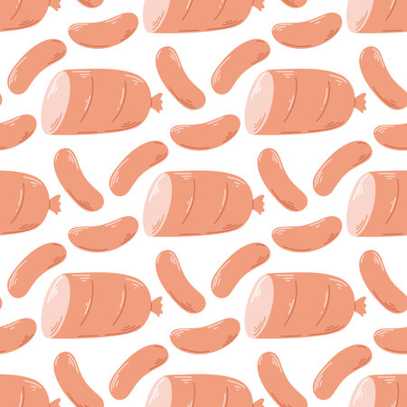 Hand drawn sausages and ham seamless pattern. Meat products background. Processed products of poultry, turkey, pork. Print for packaging and design, vector graphicsのイラスト素材