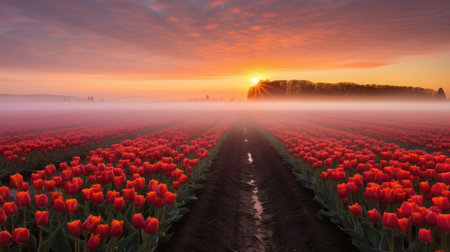 Tulip blooming in early foggy morning. Plantation of red flowers in springの素材