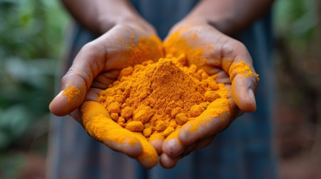 Crushed turmeric root in hands. Handful of orange powder. Spicy Indian spice for cooking dishes and dessertsの素材