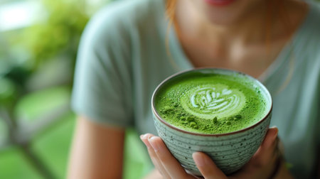 Cup of freshly prepared matcha in female hands. Green Japanese drink. Healthy eatingの素材