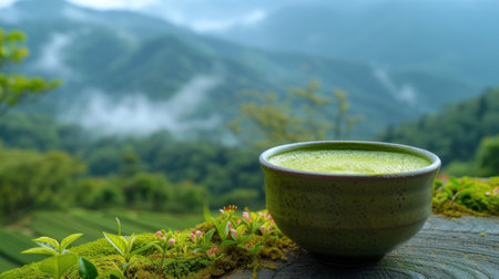 Cup of freshly prepared matcha against the backdrop of mountains and nature. Traditional tea drink of Japan. Healthy organic foodの素材