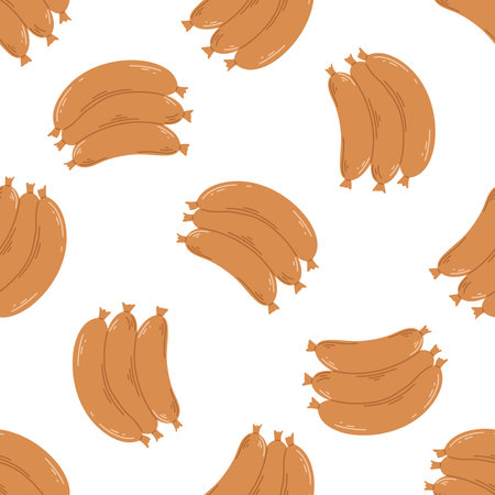 Bavarian sausages seamless pattern, vector graphics. Background with Bierwurst sausage. Meat street food endless texture ornament. Fast street food printのイラスト素材