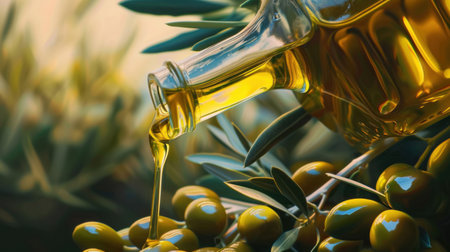 Olive oil from bottle is poured onto green olives. Extra virgin oil in glass transparent bottle, healthy organic foodの素材
