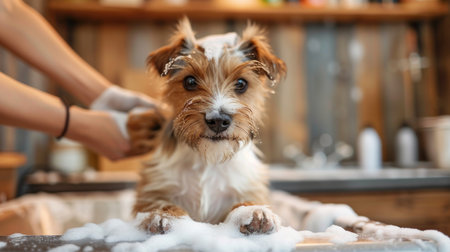 Womens hands wash the dogs fur. Grooming salon for pets. Happy dog in foamの素材