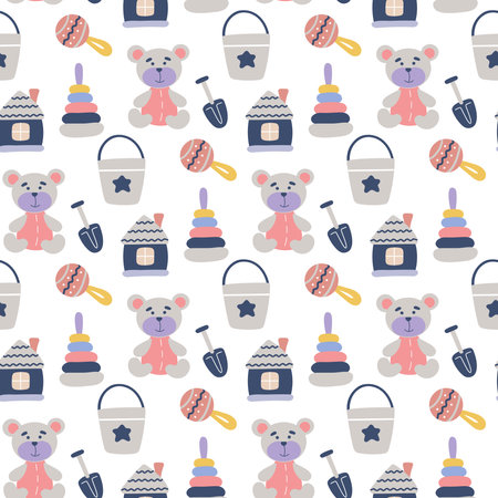 Child print with toys for textiles, child's room, kindergarten. Seamless pattern with teddy bear, bucket, spatula, pyramid. Cute baby game background.のイラスト素材