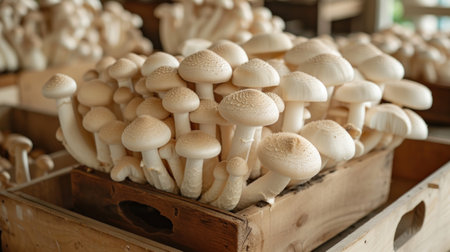 Farm mushroom cultivation. Porcini mushrooms in wooden trays. Artificial cultivation of mushrooms, environmentally friendly productsの素材