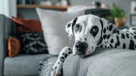 Dalmantine dog lies on the sofa in apartment. The pet is bored at home alone. Spotted adult dog lies and looks at camera, close-upの写真素材