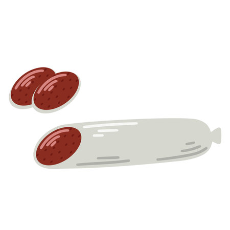 Stick of dry smoked sausage, cut into slices clip art, vector graphics. Salami isolated on white background, flat style. Meat appetizer, pepperoniのイラスト素材