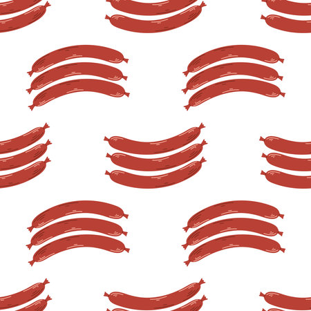 Grilled sausages, flat style, seamless pattern. Background with smoked fried sausages, fast street food. Print meat sausages, vector graphicsのイラスト素材