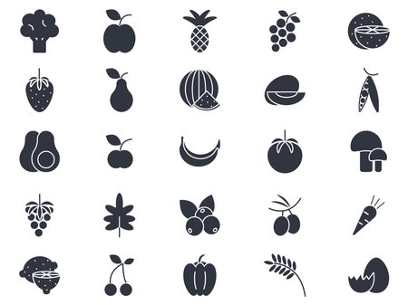 Vegan products ink icons set. Fruits, vegetables and berries symbols. Healthy organic food, vector graphics, clip artのイラスト素材