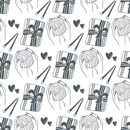 Seamless pattern of knitted items, knitting needle, threads in hands. Yarn and knitting, needlework background. Ink doodle sketch style hobby knitting print, vector graphicのイラスト素材