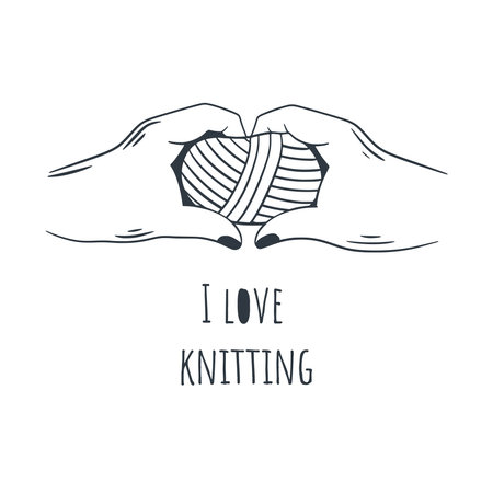 I love knitting lettering. Female hands with ball of thread and lettering ink doodle sketch style illustration. Hobby handicraft isolated clip art, vector graphicのイラスト素材