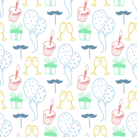 Festive cake with candle, balloons and gifts seamless pattern. Birthday hand drawn background. Doodle sketch style party print for textile, packaging, paper and design, vector graphicsのイラスト素材