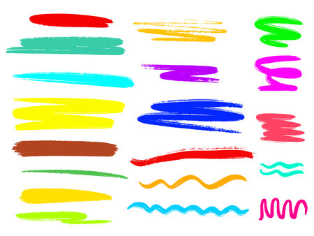 Multicolored crayon border set. Grunge through and underline elements. Various lines of different colors, widths and curvatures. Doodle elements vector graphicsのイラスト素材