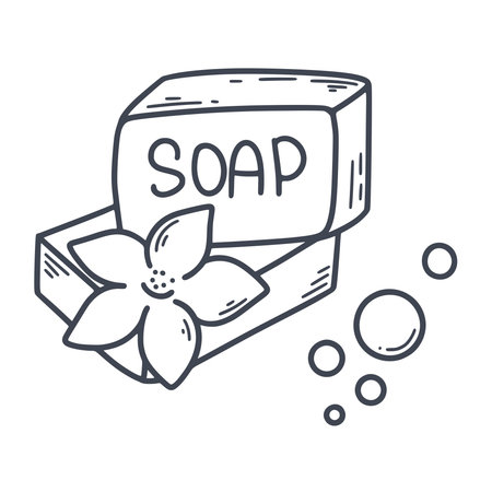Handmade soap with flower doodle sketch style. Soap bars hand drawn ink clip art. Eco products for washing, vector graphicsのイラスト素材