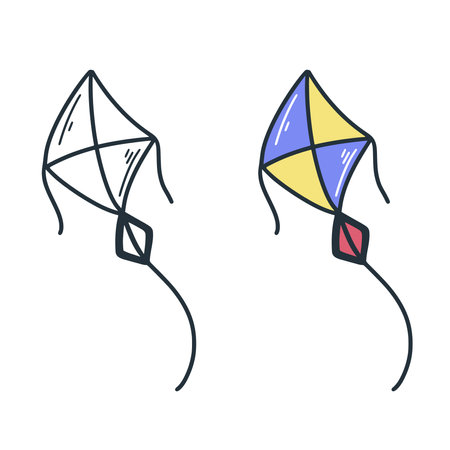 Flying kite colored and black doodle sketch style illustration. Children s kite for flying in the air vector graphics, clip artのイラスト素材