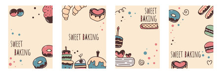 Sweet pastries set of 4 flyers. Backgrounds with hand drawn cakes, donuts, pies, muffins and other bakery. Templates for creation, promotions, brochures, advertising, menus, flyers, vector graphicsのイラスト素材