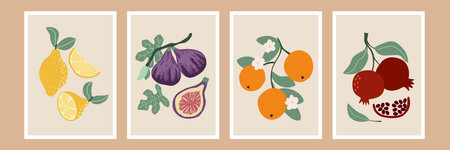 Fruit posters set. Wall art posters with lemons, tangerines, figs and pomegranates. Hand drawn...