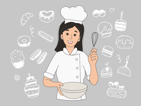 Young woman pastry chef with whiskey and bowl in hands. Professional baker preparing sweets and pastries, surrounded by cake, donut, waffle, pie, croissants. Happy cook at work, vector graphicsのイラスト素材