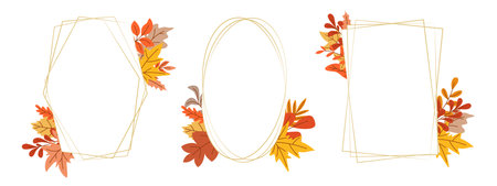 Set of graceful golden frames decorated with autumn leaves. Rectangular, oval and polygonal templates for creating fall design of card, flyer, postcard, invitation, booklet or sale. Cute empty shape with copy space, vector graphicのイラスト素材