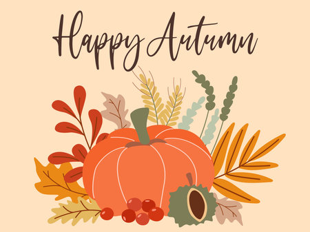 Cozy postcard with words happy autumn. Cute seasonal autumn design for banner, postcard, greeting, flyer, sale. Horizontal template with pumpkin, rowan berries, leaves, ripe ears and chestnut, vector graphicsのイラスト素材
