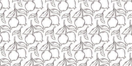 Vintage print ripe pomegranate fruits on branches with leaves. Fruit seamless pattern hand engraving. Ink sketch of pomegranate on white background, solid fill, vector graphicのイラスト素材