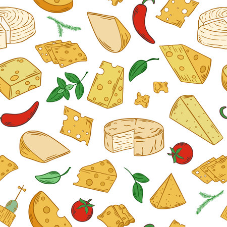 Different types of cheese seamless pattern. Cheese variation whole, piece, triangle, slice, doormat, head background. Cheese color print with dairy cheeses for advertising, packaging, menu, vector graphicsのイラスト素材