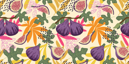 Tropical fig print in Hawaiian style. Colorful seamless pattern with fig fruits, squash, tropical leaves and abstraction for textile, fabric, wallpaper. Summer bright background, vector graphicのイラスト素材