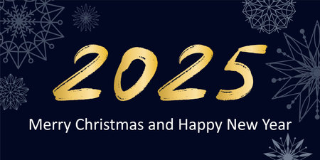 Merry Christmas and Happy New Year greeting banner. Golden handwritten 2025 year. Blue night...