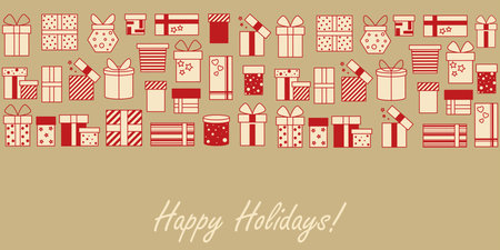 Happy Holidays Christmas banner with surprises. Horizontal golden background with border of gift boxes and congratulatory inscription. Festive template, vector graphicsのイラスト素材