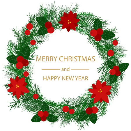 Festive spruce round crown with berries and flowers. Merry Christmas and Happy New Year. Traditional circular wreath with greetings. Congratulatory coniferous rim, vector graphicsのイラスト素材