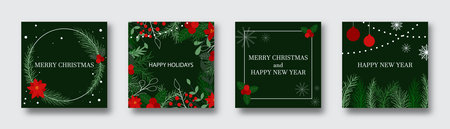 Set of square Christmas card designs. Vector festive card design template. Merry Christmas, happy holidays and happy new year text. Social media posts, vector graphicsのイラスト素材
