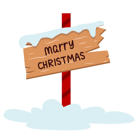 Wooden sign pointer with handwritten inscription Merry Christmas. Cute illustration symbolizing coming of Christmas. Road sign on striped pole in snowdrift isolated clip art, vector graphicsのイラスト素材