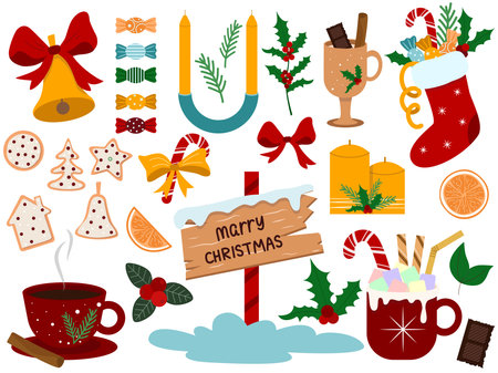Winter Christmas set of elements for festive mood. Hand drawn collection of cozy attributes of winter holidays, includes candles, hot drink, sock with treats, lollipop, holly, bell. Vector graphicsのイラスト素材