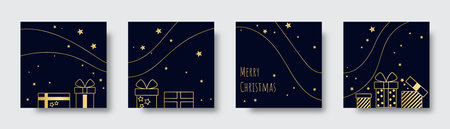 Festive star shining cards set. One style square templates with golden gift boxes and starry scattering. Backgrounds for social media post, cards, covers, invitations, advertisements, vector graphicsのイラスト素材